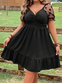 SHEIN Clasi Plus Contrast Mesh Twist Front Ruffle Hem Dress - Black - View 4