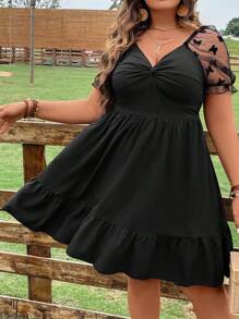 SHEIN Clasi Plus Contrast Mesh Twist Front Ruffle Hem Dress - Black - View 5