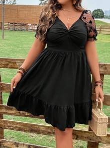SHEIN Clasi Plus Contrast Mesh Twist Front Ruffle Hem Dress - Black - View 6