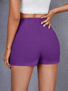 SHEIN Privé Quần đùi nữ Nút Chia Dây kéo màu trơn Giải trí - Màu tím  Violet - Xem 2