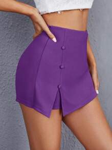 SHEIN Privé Quần đùi nữ Nút Chia Dây kéo màu trơn Giải trí - Màu tím  Violet - Xem 3