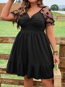 SHEIN Clasi Plus Contrast Mesh Twist Front Ruffle Hem Dress - Black - View 7