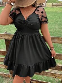 SHEIN Clasi Plus Contrast Mesh Twist Front Ruffle Hem Dress - Black - View 8