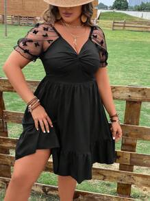 SHEIN Clasi Plus Contrast Mesh Twist Front Ruffle Hem Dress - Black - View 9