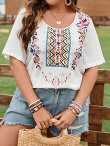 SHEIN Holidaya Plus Geo Print Batwing Sleeve Tee - White - View 6