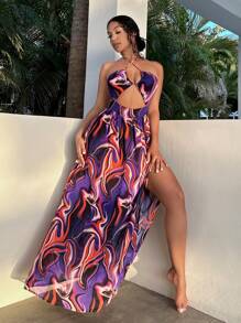 SHEIN SXY Allover Print Cut Out Split Thigh Halter Dress - Multicolor - View 3