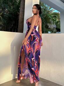 SHEIN SXY Allover Print Cut Out Split Thigh Halter Dress - Multicolor - View 4
