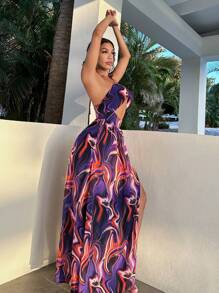 SHEIN SXY Allover Print Cut Out Split Thigh Halter Dress - Multicolor - View 5