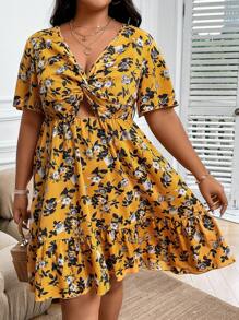 SHEIN Holidaya Plus Floral Print Twist Front Cut Out Ruffle Hem Dress - Yellow - View 1