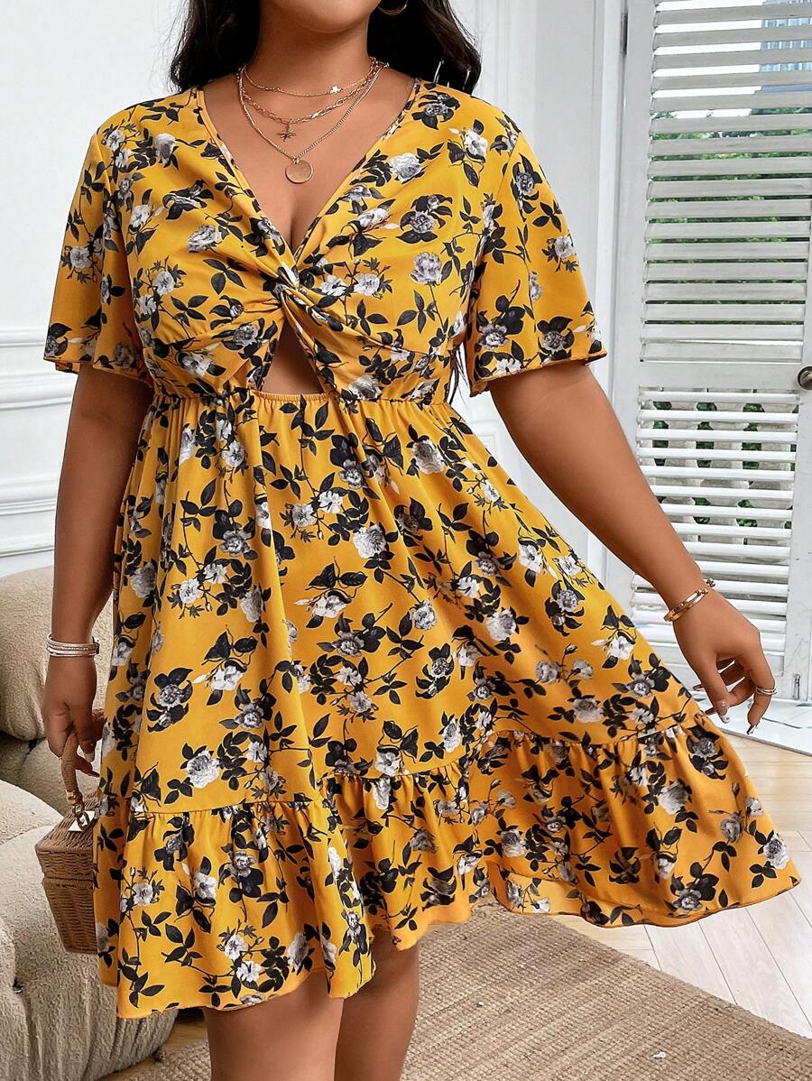 SHEIN Holidaya Plus Floral Print Twist Front Cut Out Ruffle Hem Dress - Yellow - View 1