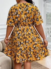 SHEIN Holidaya Plus Floral Print Twist Front Cut Out Ruffle Hem Dress - Yellow - View 2