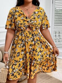 SHEIN Holidaya Plus Floral Print Twist Front Cut Out Ruffle Hem Dress - Yellow - View 5
