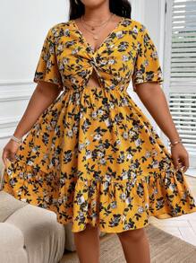 SHEIN Holidaya Plus Floral Print Twist Front Cut Out Ruffle Hem Dress - Yellow - View 6