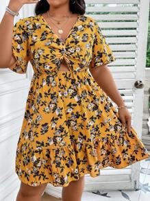 SHEIN Holidaya Plus Floral Print Twist Front Cut Out Ruffle Hem Dress - Yellow - View 7