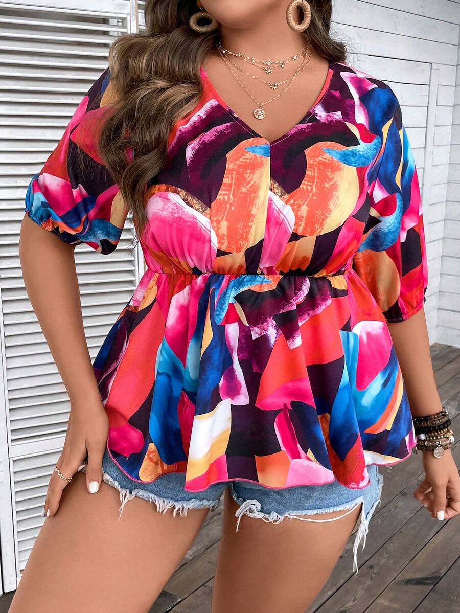 Calvaya Plus Allover Print Puff Sleeve Peplum Blouse - Multicolor - View 1