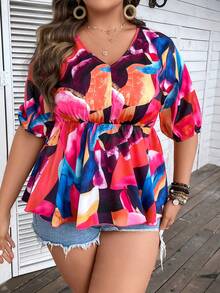 Calvaya Plus Allover Print Puff Sleeve Peplum Blouse - Multicolor - View 3