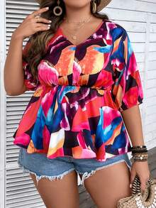 Calvaya Plus Allover Print Puff Sleeve Peplum Blouse - Multicolor - View 5
