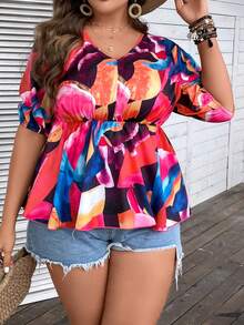 Calvaya Plus Allover Print Puff Sleeve Peplum Blouse - Multicolor - View 6