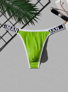 男士撞色滾邊字母織帶丁字褲 - 綠色 - 查看 1