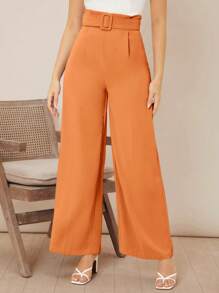 SHEIN Privé Quần nữ Thắt lưng Dây kéo Quần paper-bag màu trơn Giải trí - trái cam - Xem 3