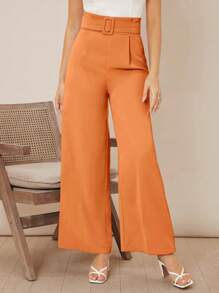 SHEIN Privé Quần nữ Thắt lưng Dây kéo Quần paper-bag màu trơn Giải trí - trái cam - Xem 4