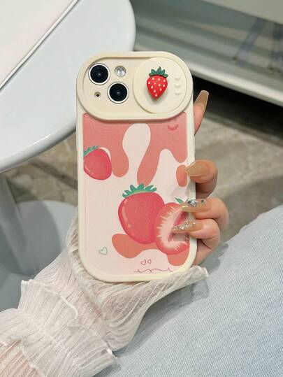 حافظة الهاتف مع شعار الفراولة الصيفي وغطاء انزلاقي للكاميرا