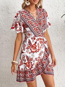 SHEIN VCAY Vestido cruzado con estampado floral con nudo lateral - Burdeos - Ver 4