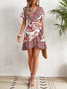 SHEIN VCAY Vestido cruzado con estampado floral con nudo lateral - Burdeos - Ver 5