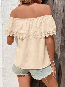 SHEIN VCAY 圓點一字肩拼接水溶蕾絲襯衫 - 杏色 - 查看 2