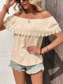 SHEIN VCAY 圓點一字肩拼接水溶蕾絲襯衫 - 杏色 - 查看 4