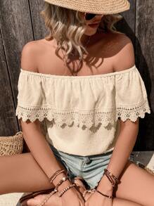 SHEIN VCAY 圓點一字肩拼接水溶蕾絲襯衫 - 杏色 - 查看 6