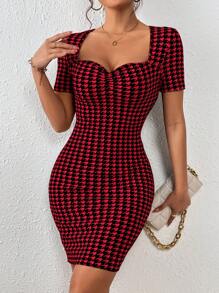 SHEIN Privé Houndstooth Print Sweetheart Neck Bodycon Dress - Red - View 3