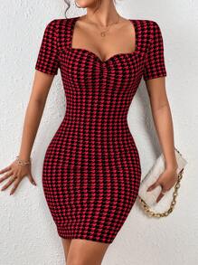 SHEIN Privé Houndstooth Print Sweetheart Neck Bodycon Dress - Red - View 6