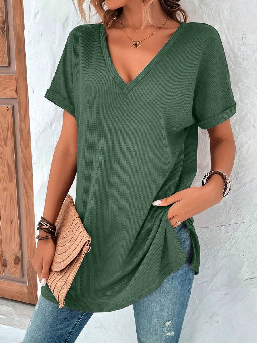 SHEIN LUNE Solid Batwing Sleeve V Neck Tee - Green - View 1