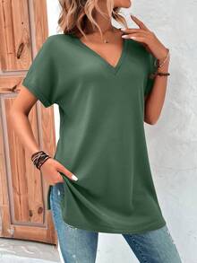 SHEIN LUNE Solid Batwing Sleeve V Neck Tee - Green - View 3