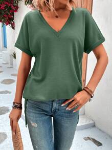 SHEIN LUNE Solid Batwing Sleeve V Neck Tee - Green - View 4