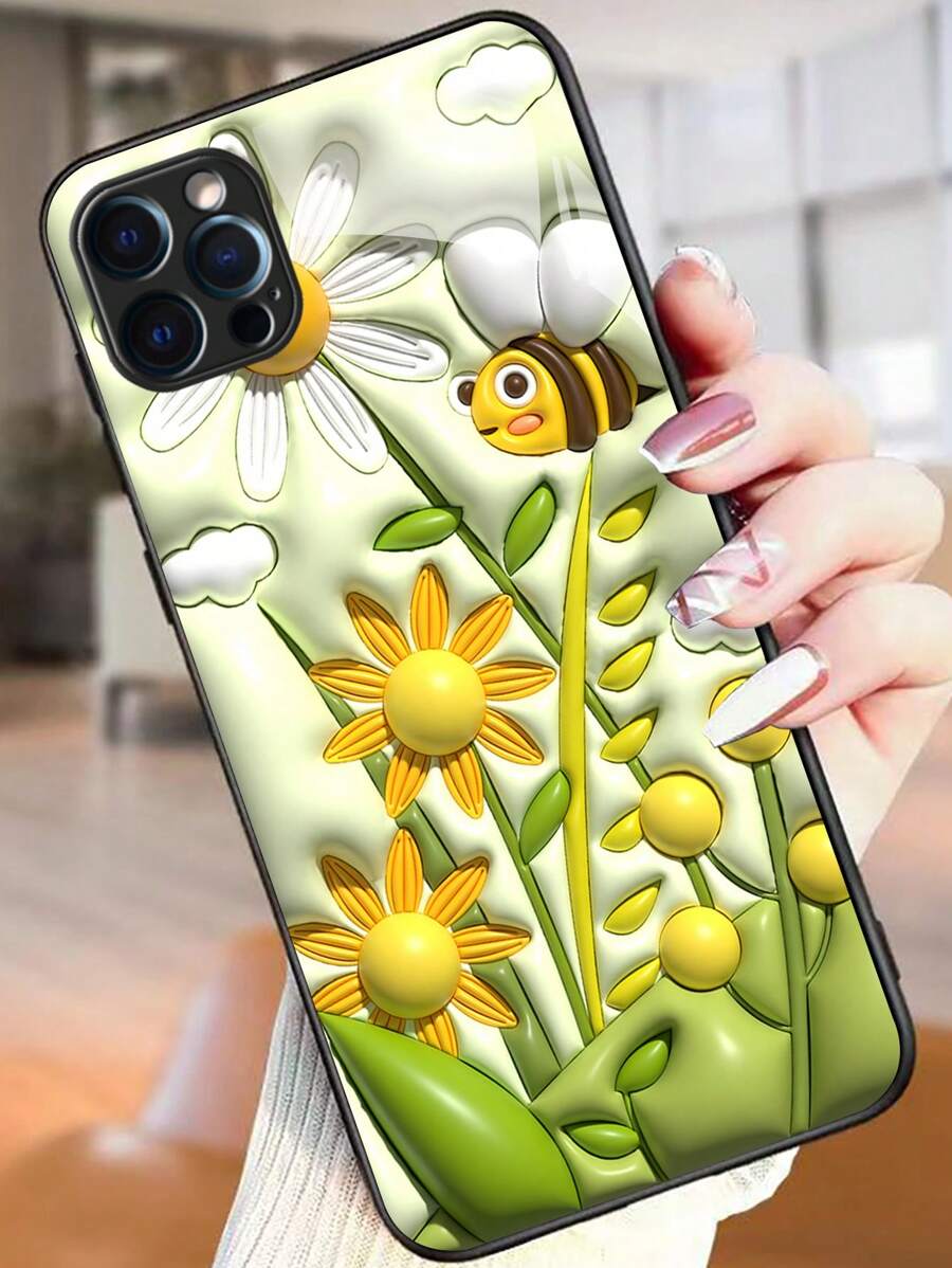 Ốp điện thoại thủy tinh in HD họa tiết hoa và ong, tương thích với iPhone/Samsung/Huawei/Xiaomi/OPPO/OnePlus/Infinix - màu xanh lá - Xem 1