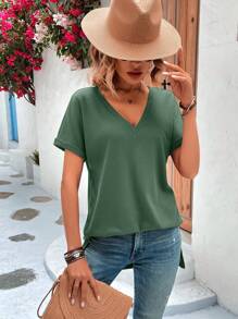 SHEIN LUNE Solid Batwing Sleeve V Neck Tee - Green - View 6