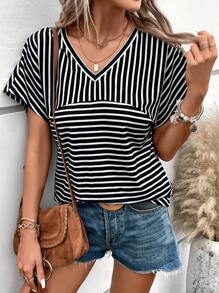 SHEIN LUNE Striped Print Batwing Sleeve Tee - Black and White - View 3