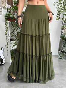 ROMWE PUNK Renaissance Grunge Solid Frill Trim Ruffle Hem Skirt, School - Army Green - View 7