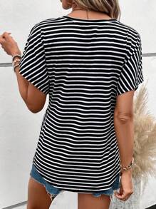 SHEIN LUNE Striped Print Batwing Sleeve Tee - Black and White - View 2