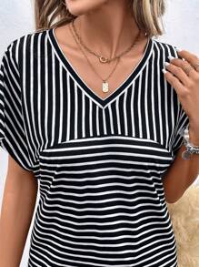 SHEIN LUNE Striped Print Batwing Sleeve Tee - Black and White - View 4