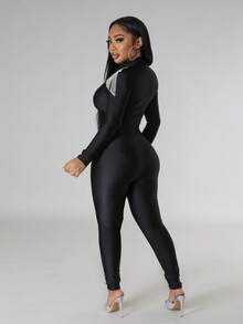 拉鏈開襟流蘇彈力緊身連體褲 - 黑色 - 查看 4