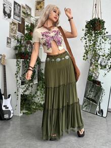 ROMWE PUNK Renaissance Grunge Solid Frill Trim Ruffle Hem Skirt, School - Army Green - View 3