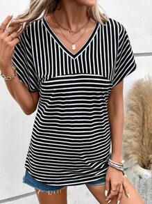 SHEIN LUNE Striped Print Batwing Sleeve Tee - Black and White - View 5