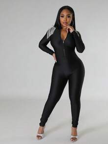 拉鏈開襟流蘇彈力緊身連體褲 - 黑色 - 查看 5