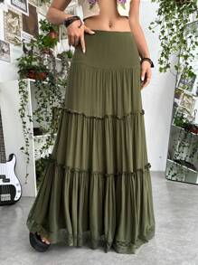 ROMWE PUNK Renaissance Grunge Solid Frill Trim Ruffle Hem Skirt, School - Army Green - View 4