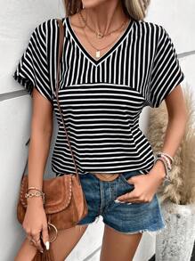 SHEIN LUNE Striped Print Batwing Sleeve Tee - Black and White - View 6