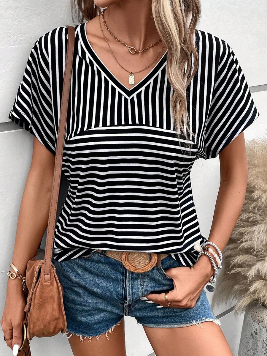 SHEIN LUNE Striped Print Batwing Sleeve Tee - Black and White - View 1