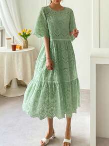 DAZY 荷葉邊刺繡雪紡鬆緊束腰連衣裙 - 綠色 - 查看 4